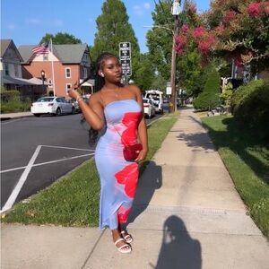 Fashion Nova Strapless Dress in Blue and Red